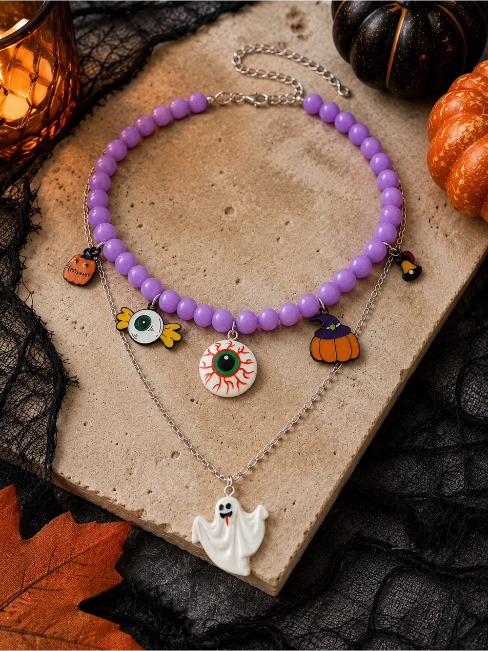Halloween Purple Beaded 2-Piece Necklace Set with Ghost & Eyeball Charms - New - Picture 2 of 4
